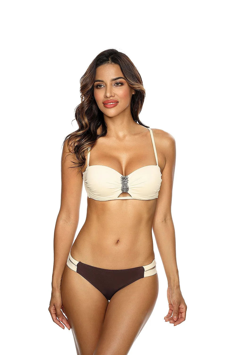 Maillot de bain deux pièces pour femmes, bandeau métallique, bas classique, couleurs crème et marron, élasthanne et polyamide, plage et piscine