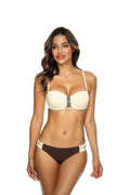 Maillot de bain deux pièces pour femmes, bandeau métallique, bas classique, couleurs crème et marron, élasthanne et polyamide, plage et piscine