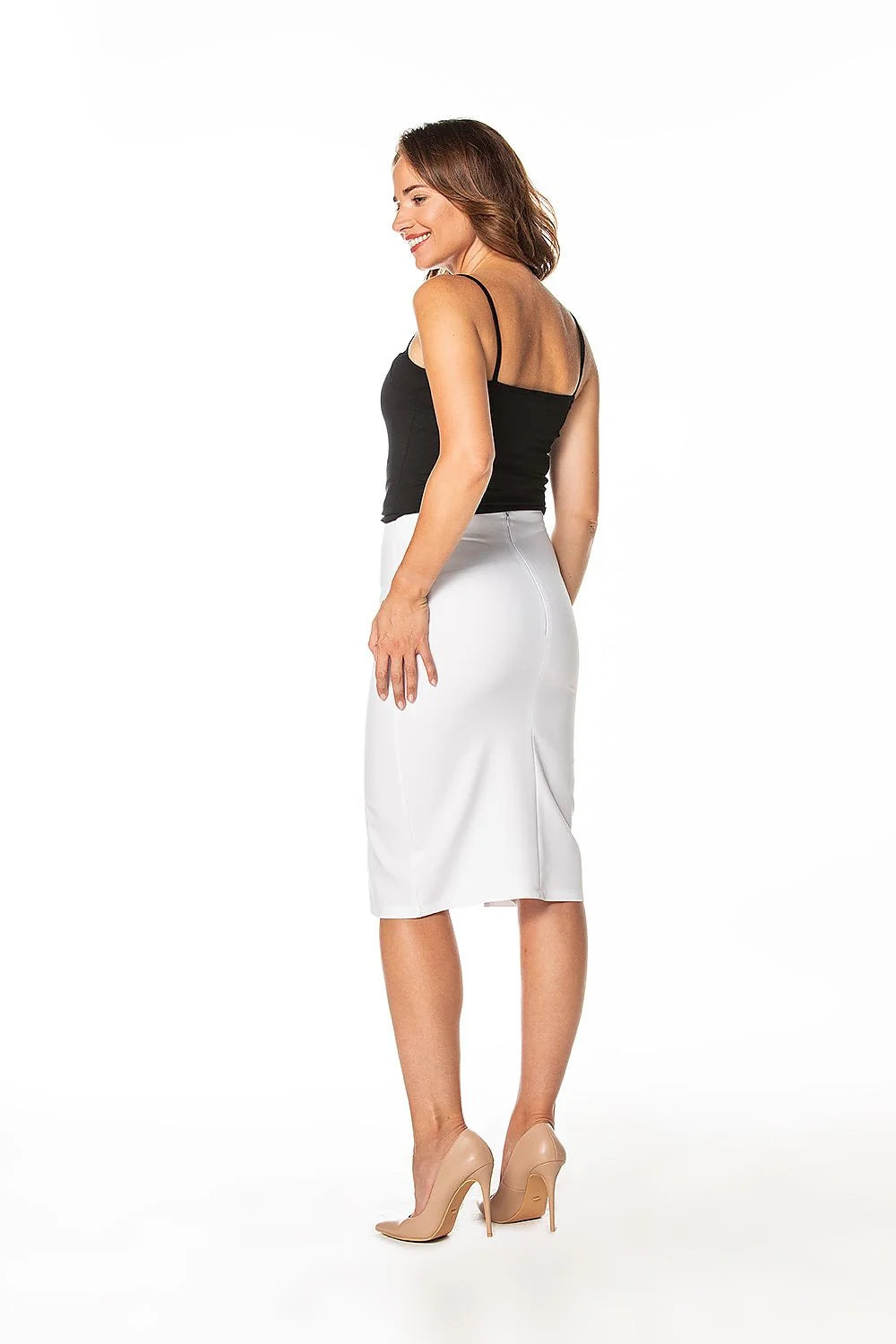 Jupe crayon féminine taille haute genou blanc mélange polyester élasthanne ajustée fente latérale moderne versatile