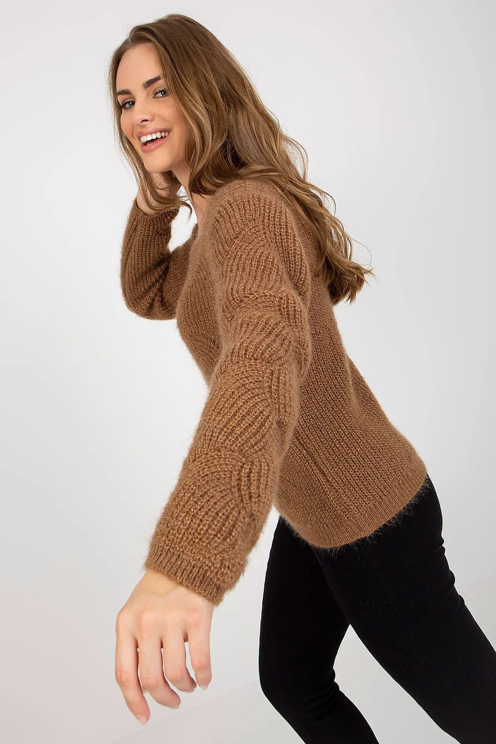 Pull ajouré à manches longues encolure bateau femme design vague maille acrylique moher laine crème polyvalent