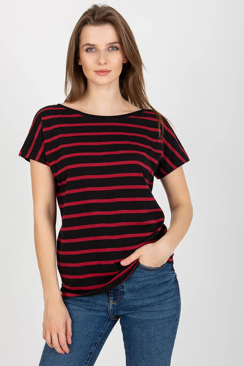 T-shirt femme décontracté polyvalent style moderne rayures horizontales coton elasthanne V-cut dos manches courtes