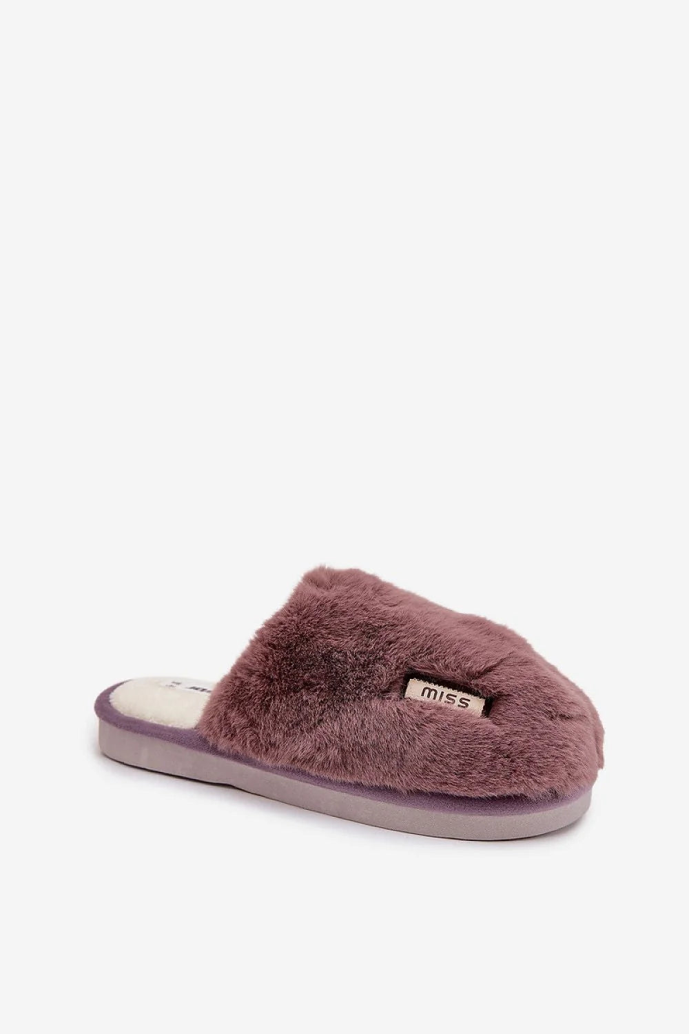 chaussons intérieur femme fausse fourrure mauve poudré doublure sherpa semelle souple caoutchouc antidérapante confortable chaud douillet étiquette miss maison