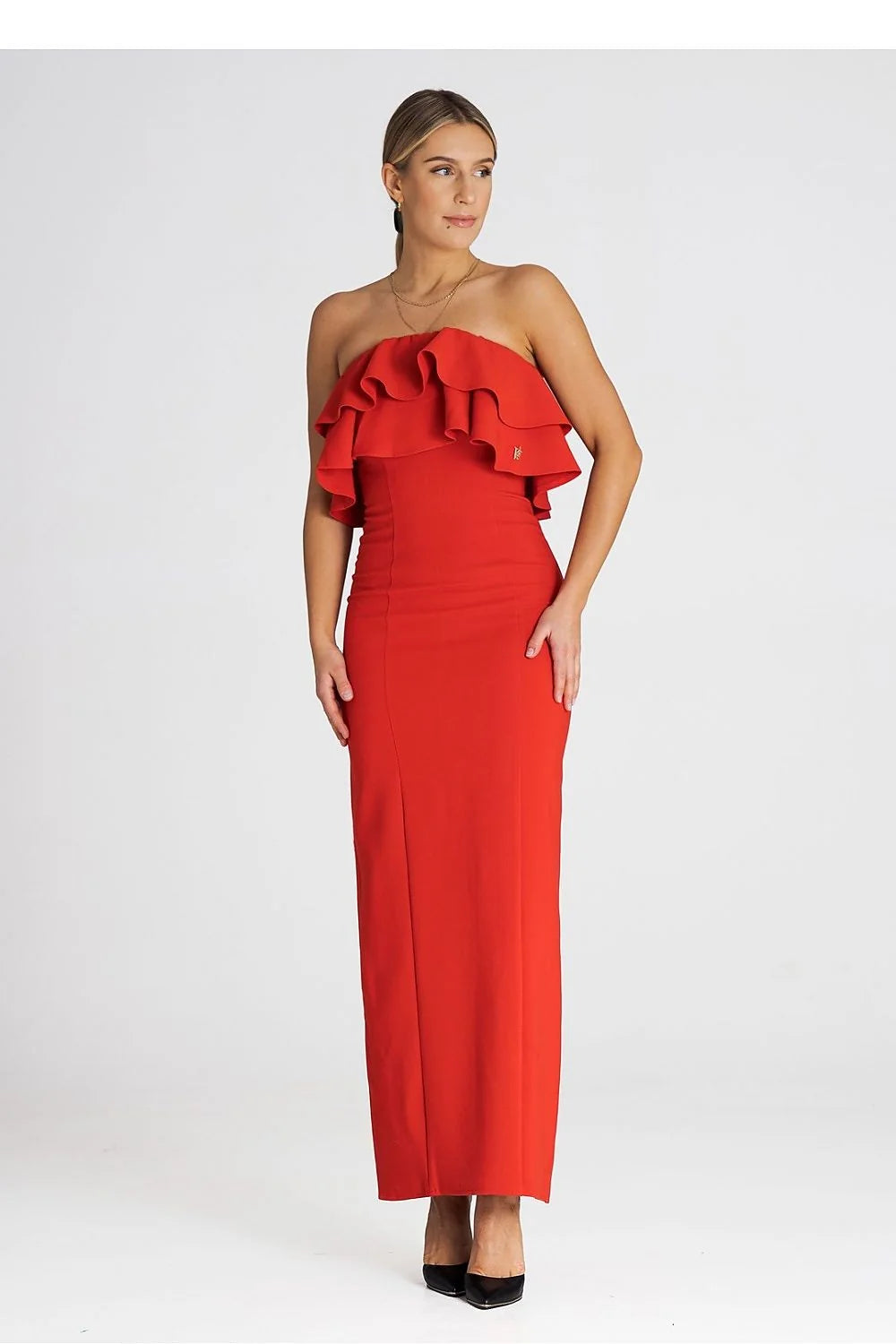 Robe de cocktail élégante longue sans manches volants encolure en mélange polyester élasthanne viscosé pour femme