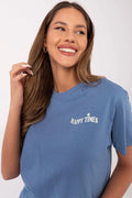 T-shirt femme simple et stylé couleur bleue motif Happy Times coton doux manches courtes col rond polyvalent occasion quotidienne