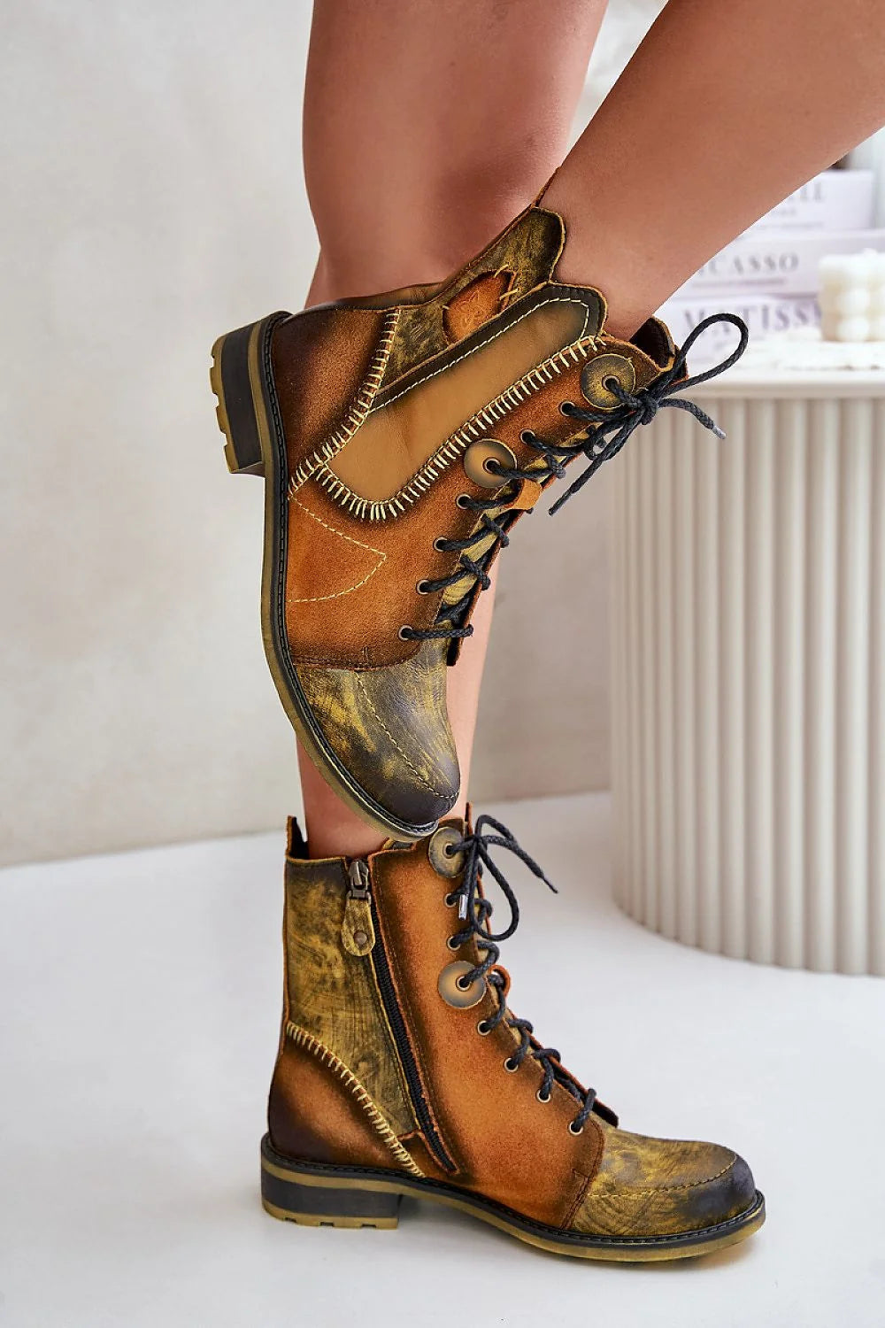 Bottines Step in style en cuir naturel pour femmes, style bohème, semelle robuste, confortable, talon plat