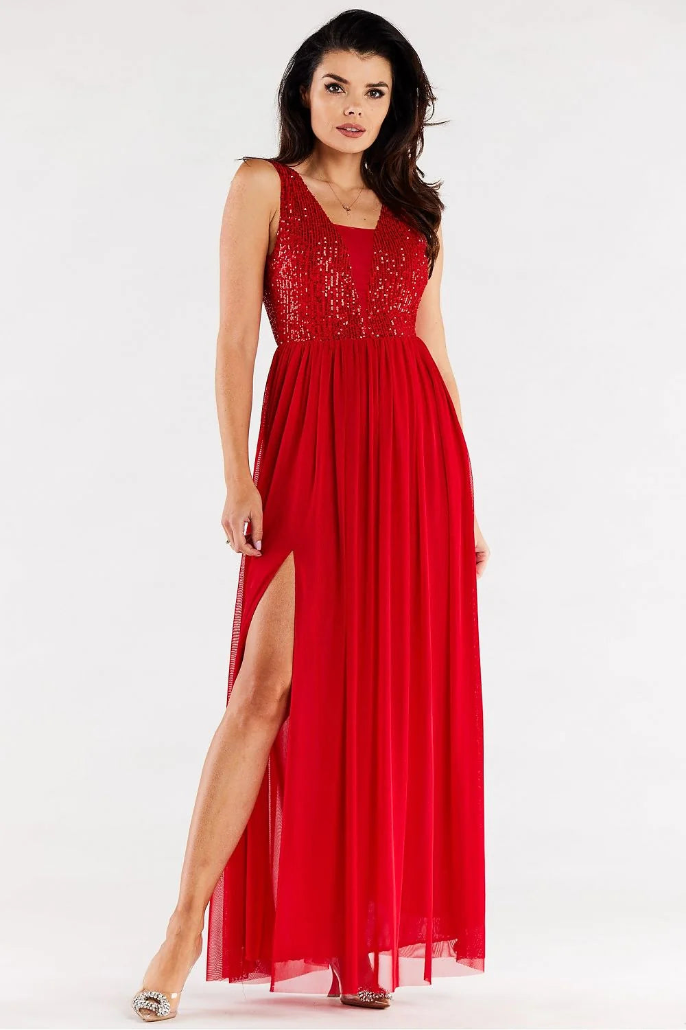 robe longue élégante sans manches dos ouvert pailleté rose poudré décolleté plongeant taille empire jupe fluide mousseline fente