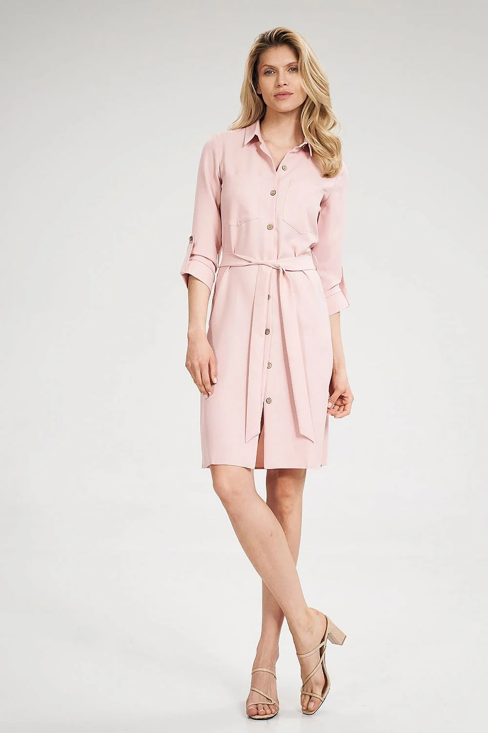 Robe-chemise polyester élégante décontractée bleu clair manches retroussables ceinture ajustable boutons bois femme chic