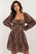 Robe féminine audacieuse motif léopard manches longues encolure carrée polyester mini taille ajustable occasion festive
