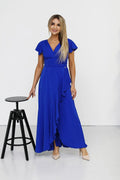 robe longue bleu vif asymétrique manches courtes volantées ceinture bouton taille cintrée décolleté V jupe évasée fluide légère soirée mariage