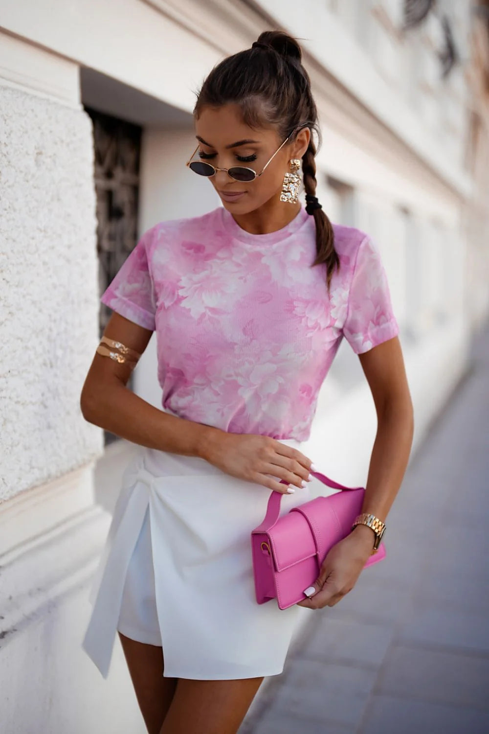 Chemisier La Balancia tulle manches courtes imprimé floral rose blanc moderne élégant veste femme
