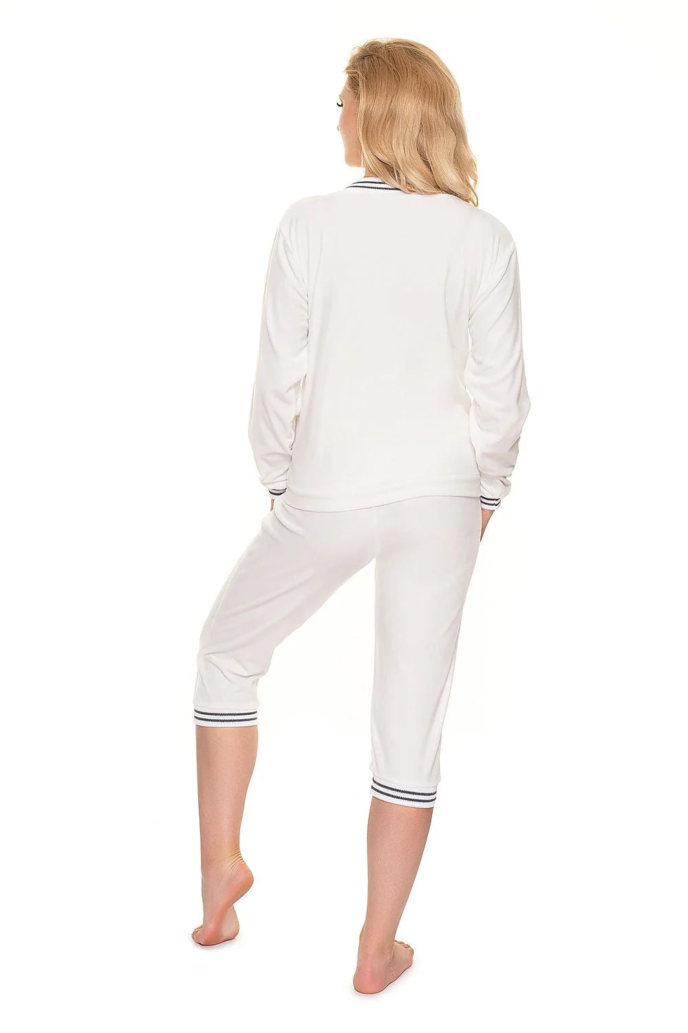 Ensemble de survêtement Pee Ka Boo pour femmes enceintes, style casual sportif, pantalon capri, col en V, rayures blanches et noires, confort maternité, polyester doux, mode détente, vêtements femme
