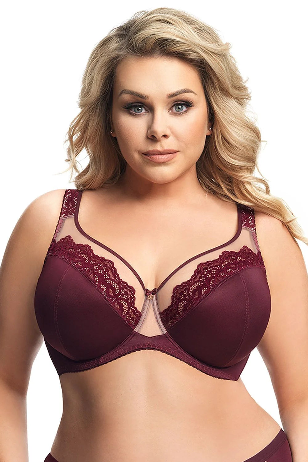 Soutien-gorge dentelle bordeaux romantique élégant confort armatures bretelles larges poitrines moyennes grandes tailles