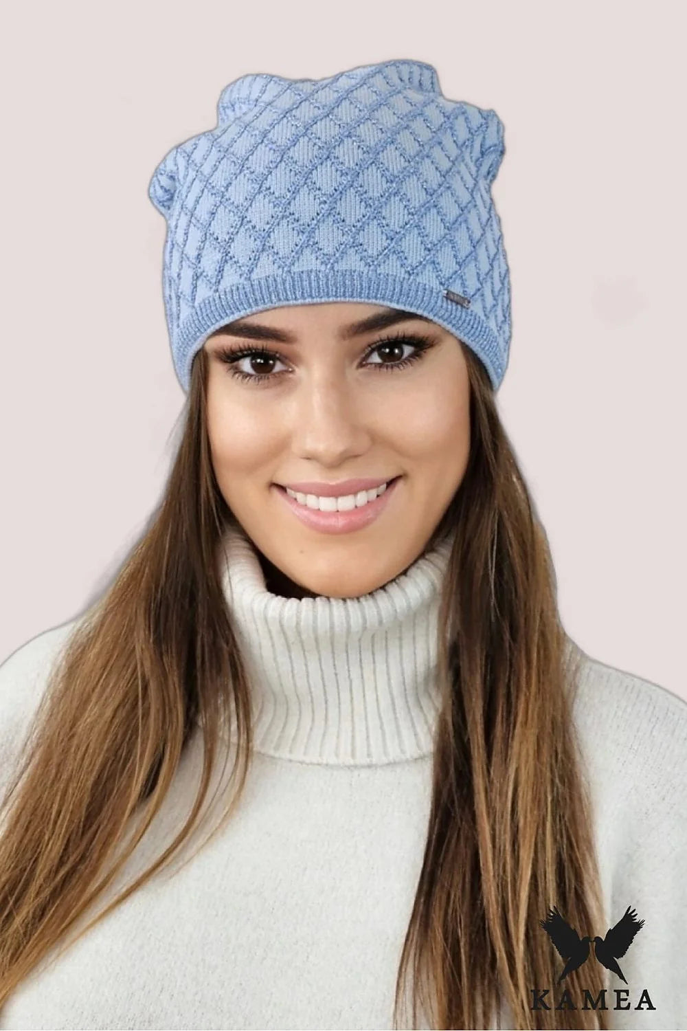 Bonnet Kamea en viscose tricoté motif losange gris élasthanne doux automne hiver femmes style moderne chic