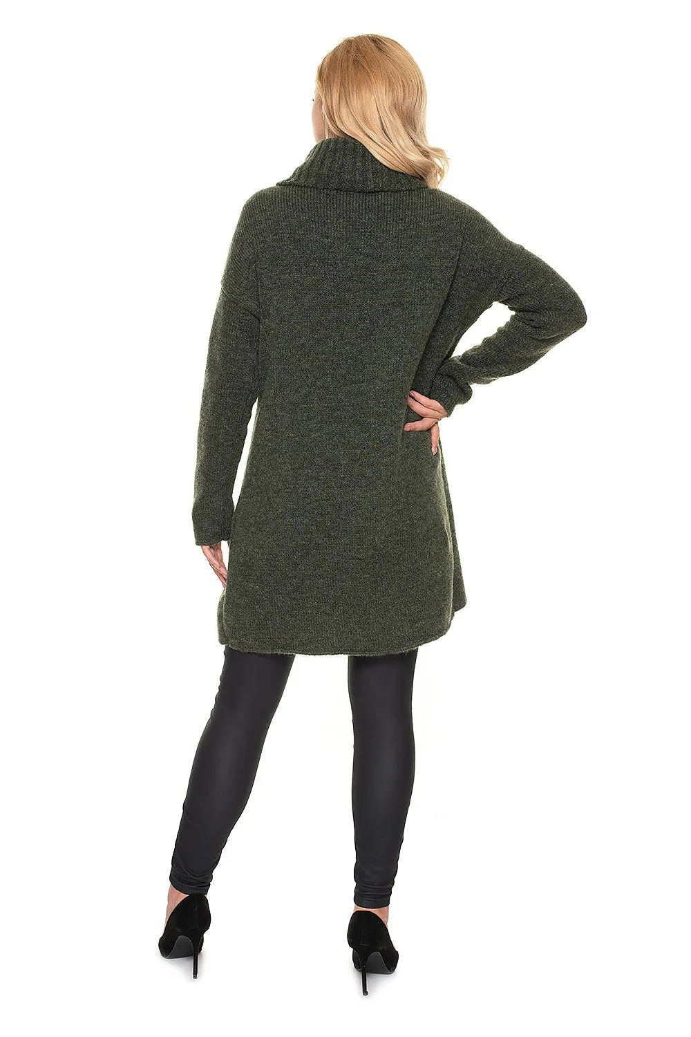 pull grossesse moderne confortable col roulé épais beige taupe oversize tunique mi cuisse asymétrique ouverture allaitement manches bouffantes