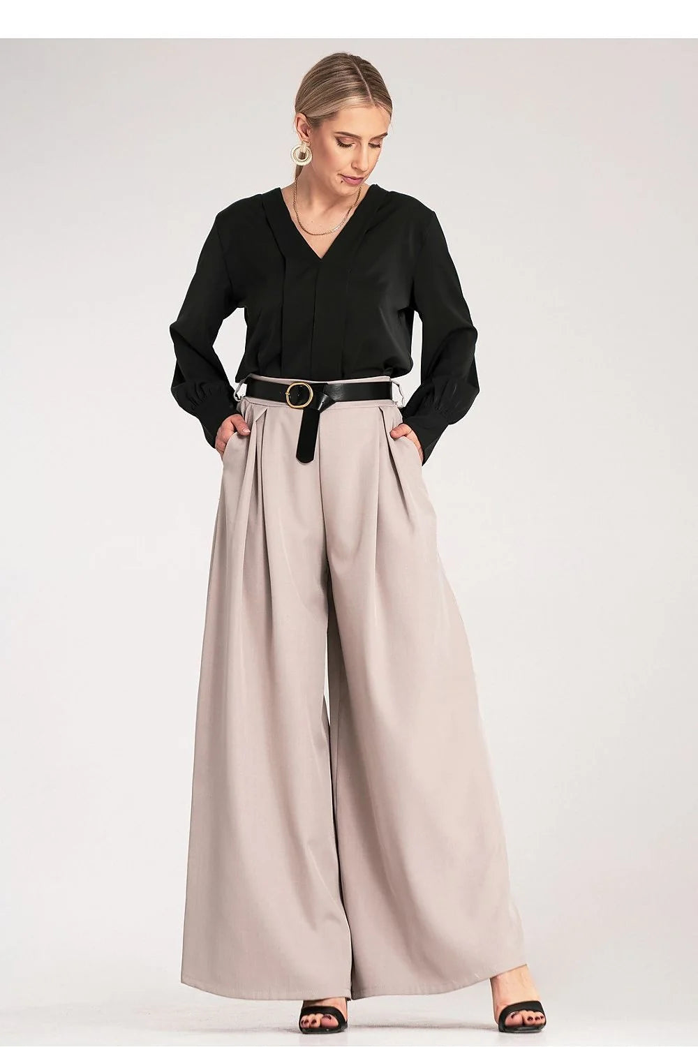 Pantalon femme Figl élégant style palazzo ceinture noire tissu délicat taille haute élastique jambes larges poches latérales Polyester 95% Élasthanne 5%
