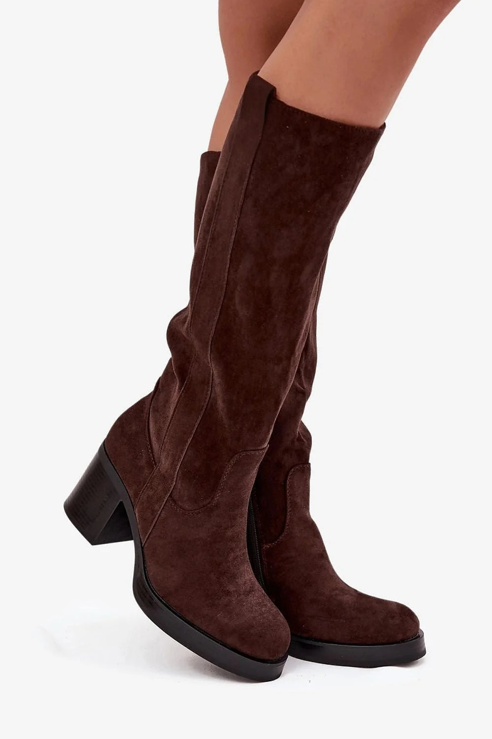 bottes femme mi mollet suède marron doublure chaude fermeture éclair talon bloc massif bout rond semelle plateforme légère confortable chic