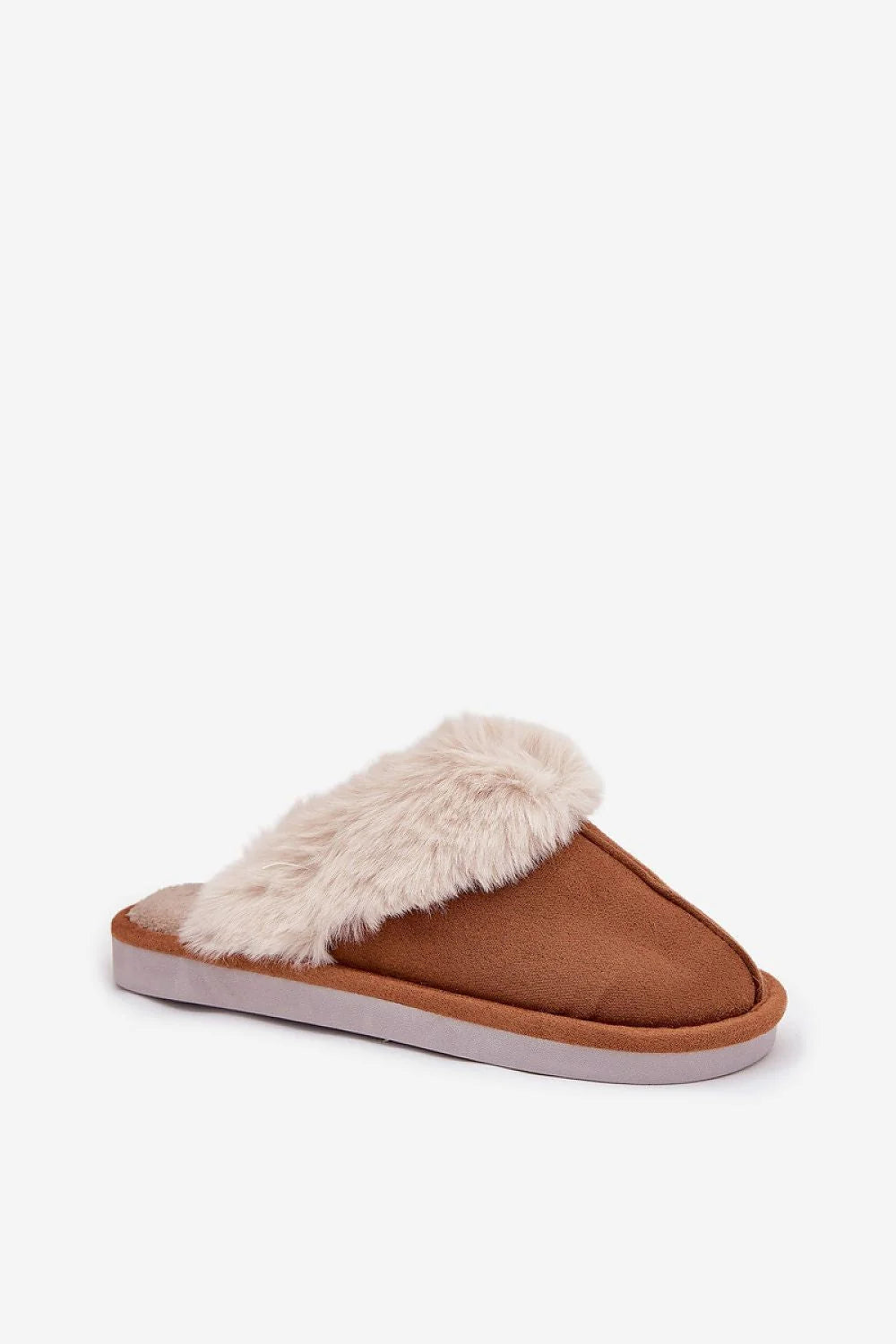 pantoufles mules femme suédine cognac bout fermé talon ouvert fourrure crème doublure fourrée semelle épaisse antidérapante rembourrée confortable chaude écologique