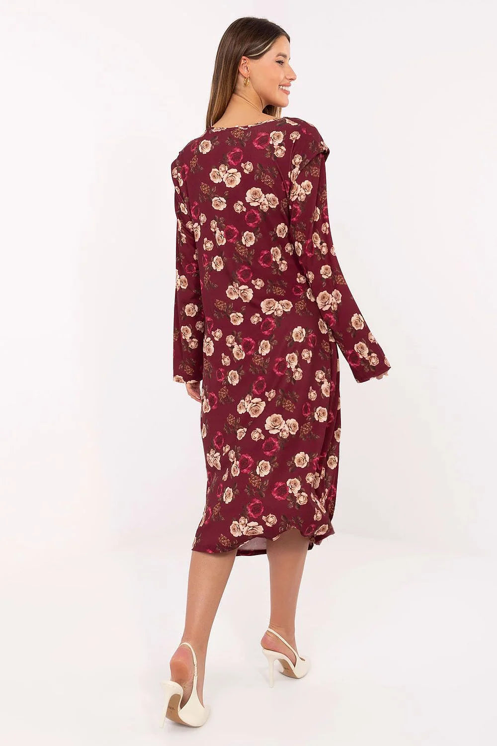 robe midi femme fleurie bordeaux satinée manches longues encolure ronde drapée froncée taille fente latérale épaulettes élégante chic soirée cérémonie
