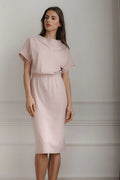 Robe élégante en coton rose pâle manches courtes col drapé taille élastique pour femmes