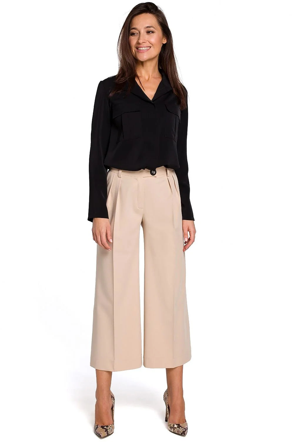Pantalon femme Stylove élégant ample noir matières confortables taille haute boutons fermeture éclair hanches larges style intemporel occasion professionnelle décontractée