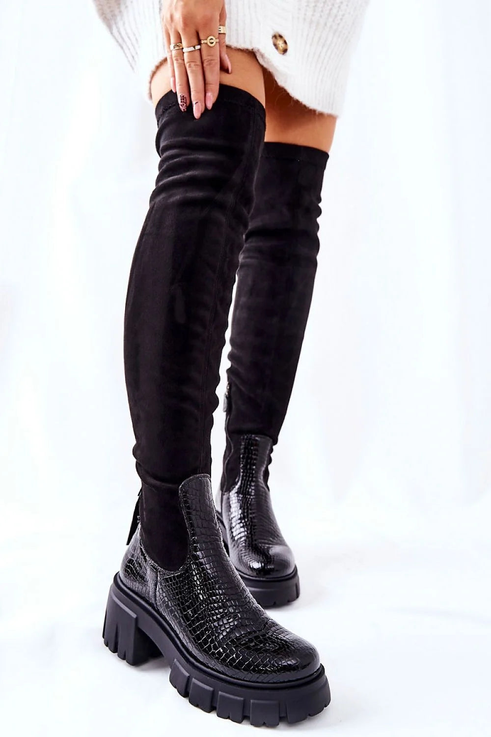 Bottes cuissardes design moderne audacieux cuir naturel suédé motif croco semelle épaisse femme automne hiver
