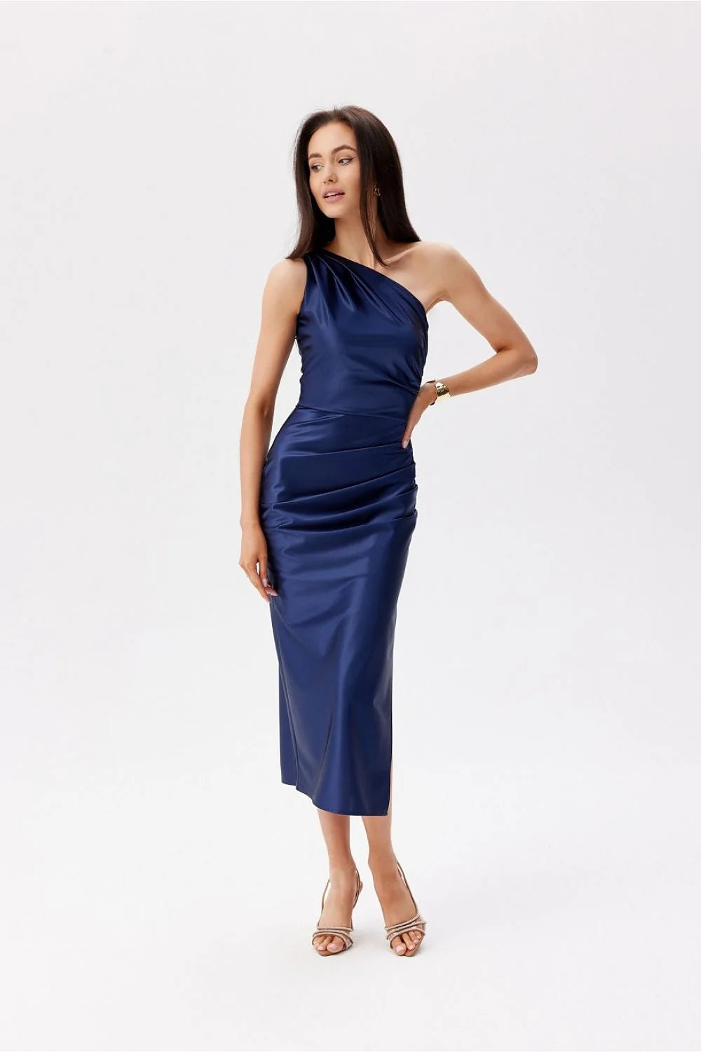 Robe de soirée Roco Fashion asymétrique épaule nue satin longueur mi-mollet occasions formelles femme élégante