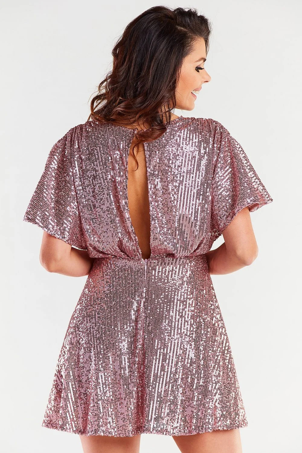 Robe de soirée élégante courte dos nu déchirure manches amples évasée paillettes rose métallique femme