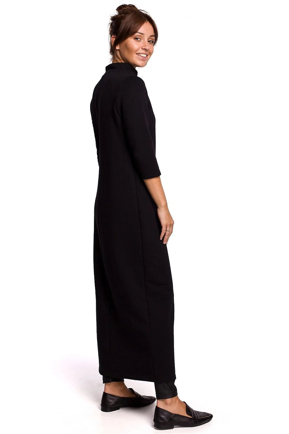 Robe longue élégante coupe droite col montant manches trois-quarts fente latérale coton polyester femme occasionnels