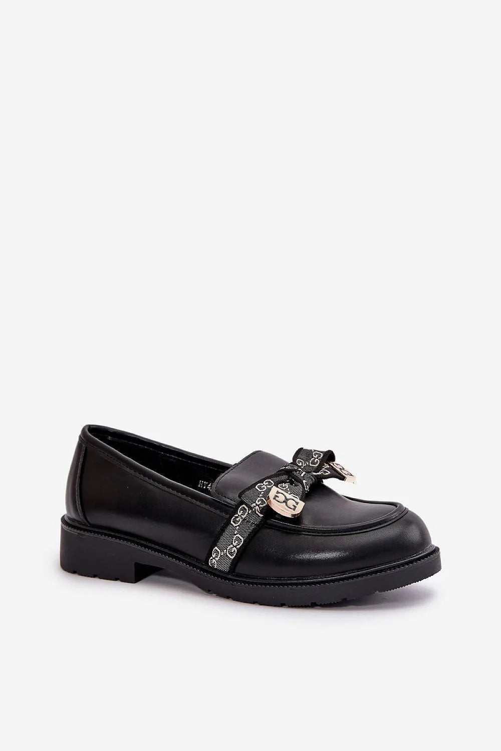 mocassins femmes similicuir noir élégants intemporel confortables nœud métallisé doré motifs contrastés talon bas semelle crantée