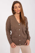 cardigan femme taupe maille tricotée douce ajourée losanges pointelle manches longues col V boutons argentés coupe ajustée côtelée ourlet poignets