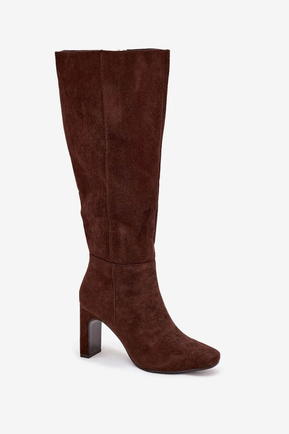 bottes hautes femme marron suédine talon pilier 9cm bout carré doublure fourrure zippée tige genou froncé élégant confortable tendance hiver