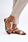 Sandales pour femmes élégantes en cuir métallisé doré, style moderne, bride réglable, semelle cuir, confort summer