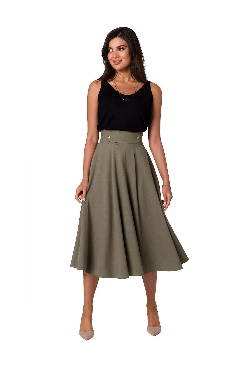 Jupe midi évasée taille haute ceinture intégrée boutons décoratifs dorés polyester fluide tombé léger rose poudré noir trapèze plissée