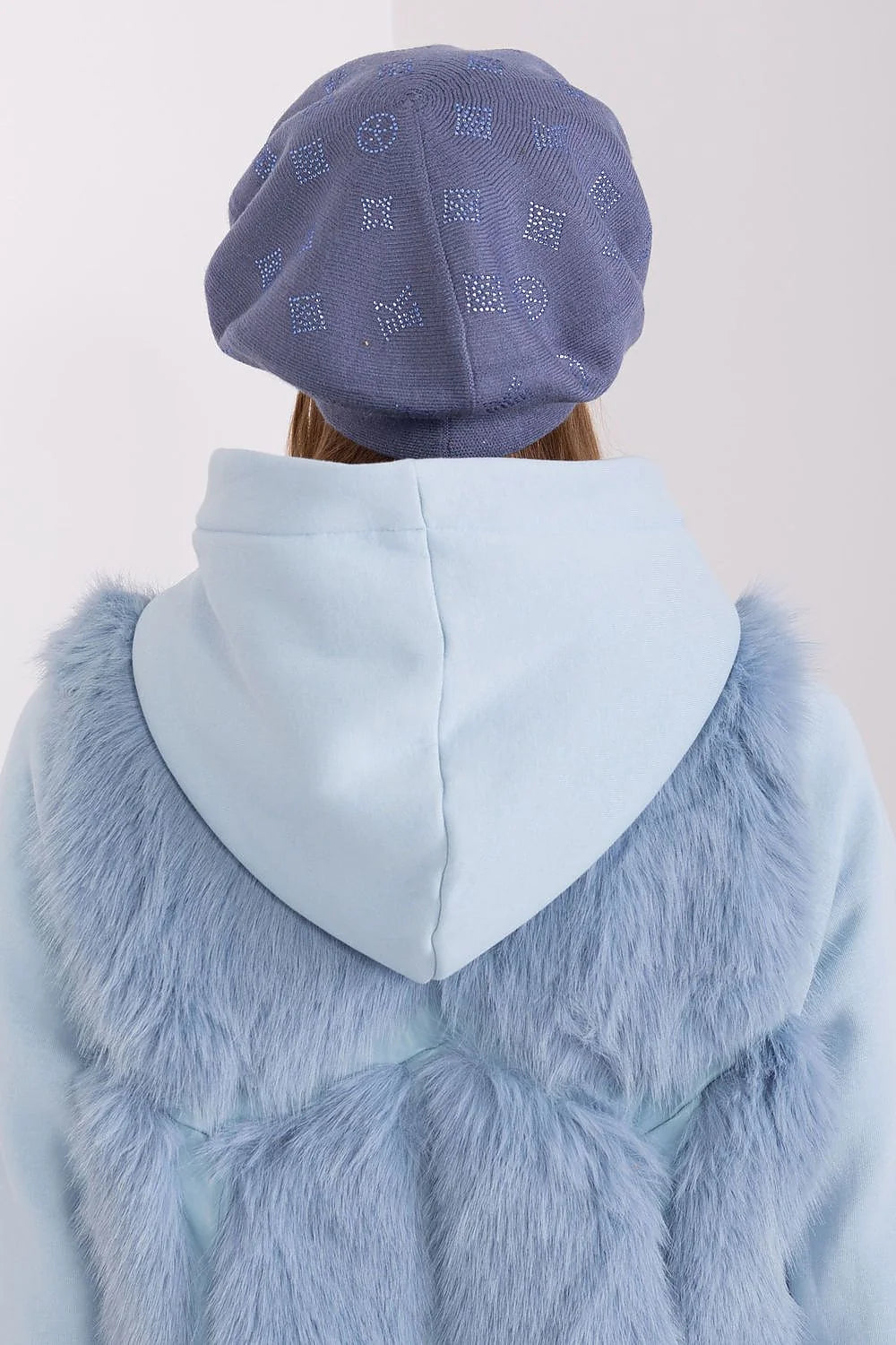 Béret en tricot pour femme chic et moderne avec motifs géométriques en strass bleu acier, 50% acrylique, 30% coton, 20% cachemire, doux et confortable