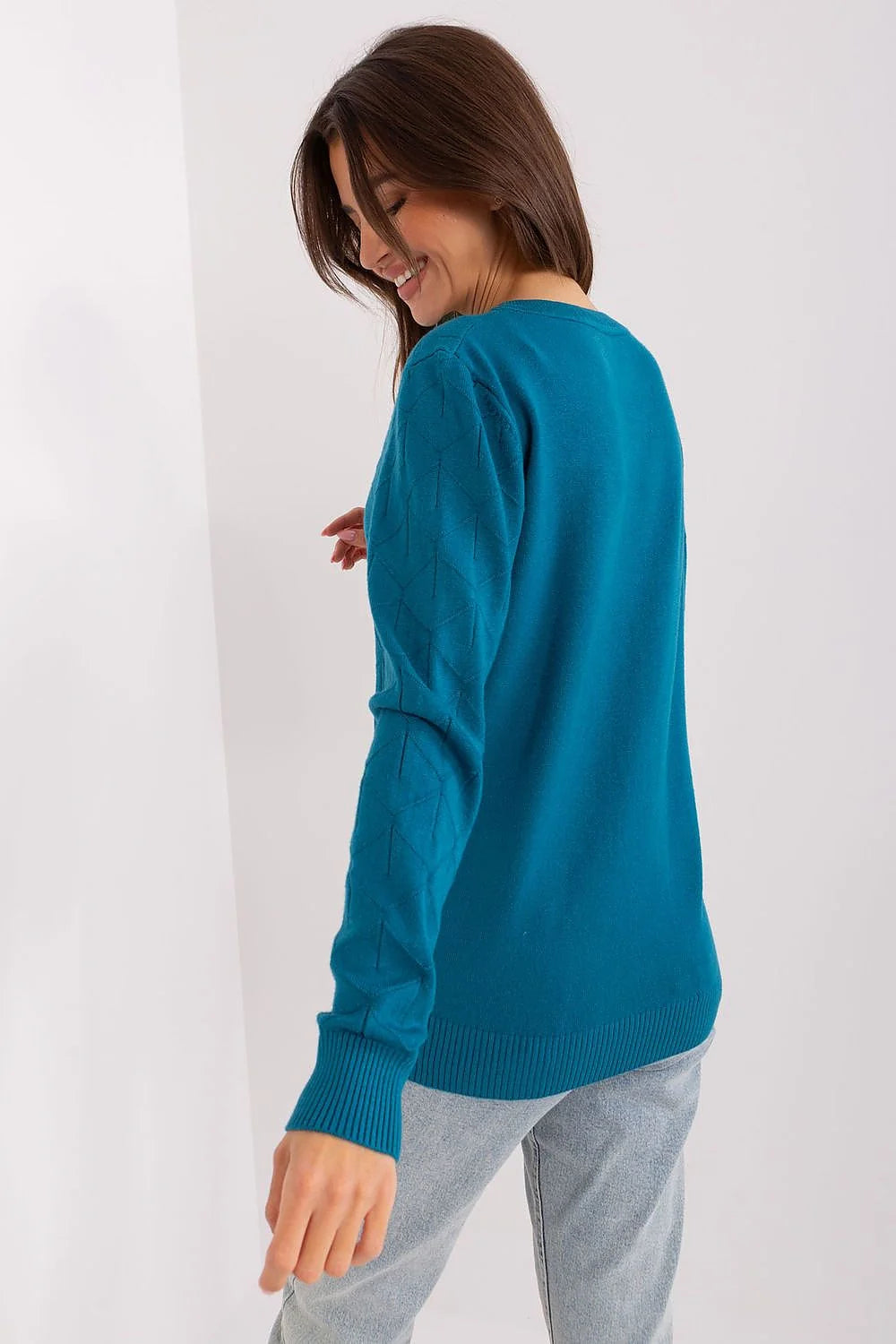 Pullover femmes bleu canard motif géométrique subtil manches longues col rond ajusté polyvalent automne hiver