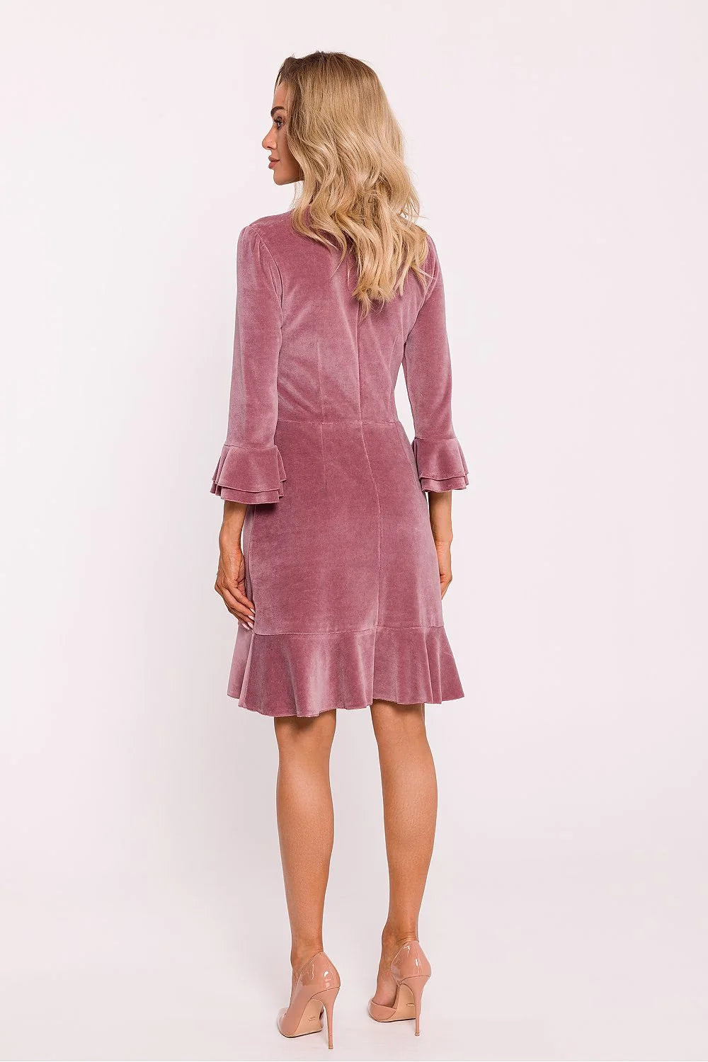 Robe de jour Moe en velours rose antique, manches 3/4, volants, taille ajustable, dos fermé, pour femmes élégance