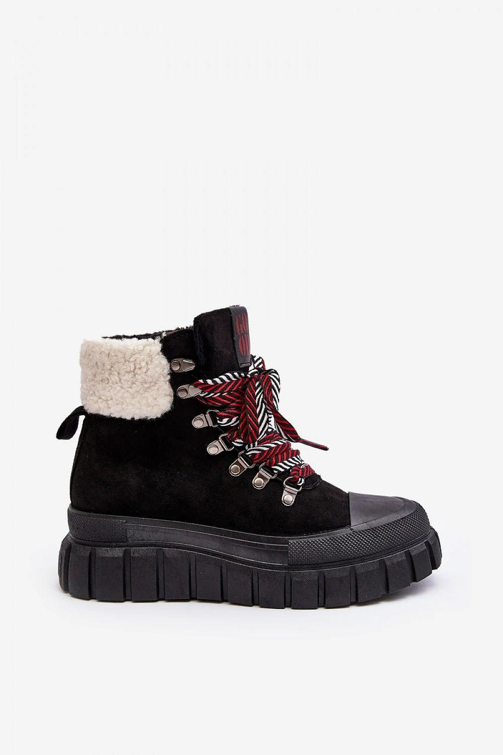 Bottes trappeur femmes suédine écolo lacets rouge blanc style moderne robuste confort hiver semelle épaisse talon soutien fourrure détail logo