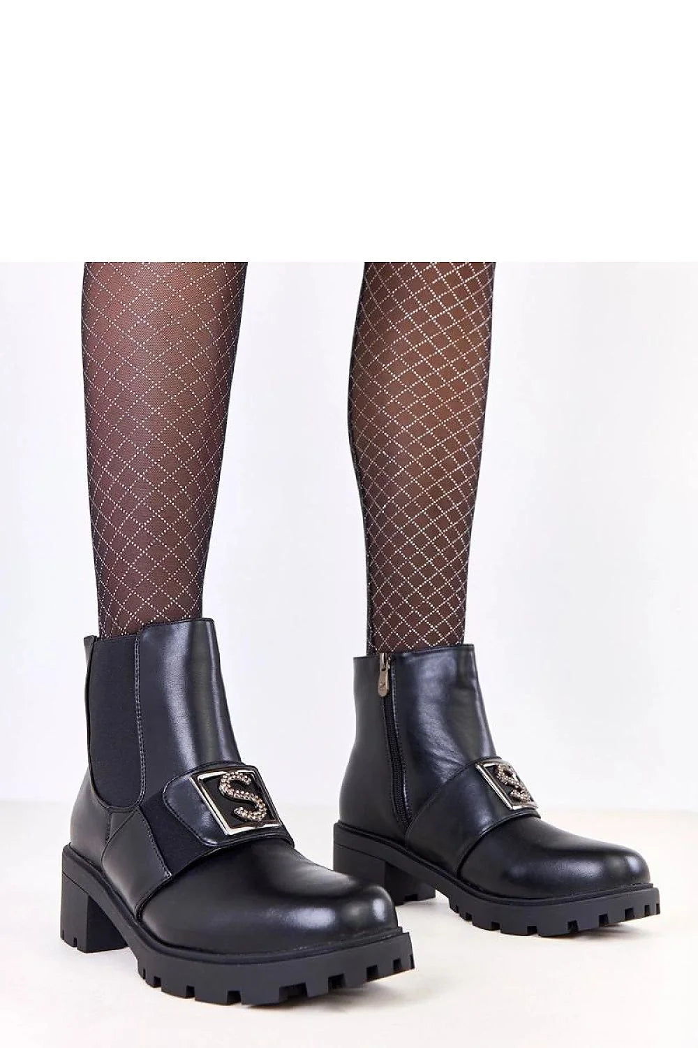 bottines talon bloc 55mm cuir écologique noir chelsea tige 13cm bride métal sertie strass fermeture zip doublure chaude semelle crantée
