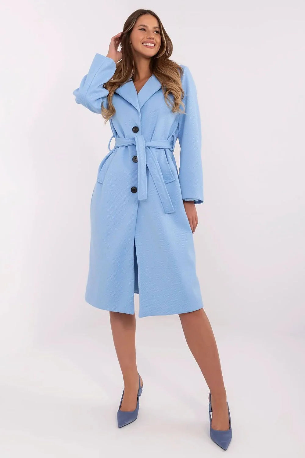 Manteau élégant pour femme longueur sous genoux bleu clair laine polyester élasthanne col à revers ceinture incluse manches longues