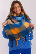 écharpe carreaux grands bleu roi orange moutarde gris brossé ultra doux franges torsadées pull tricoté oversize maille large épaules tombantes