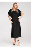 Robe de jour élégante midi manches courtes amples décolleté rond plis tunnels cordon ajustable viscose 100% femme