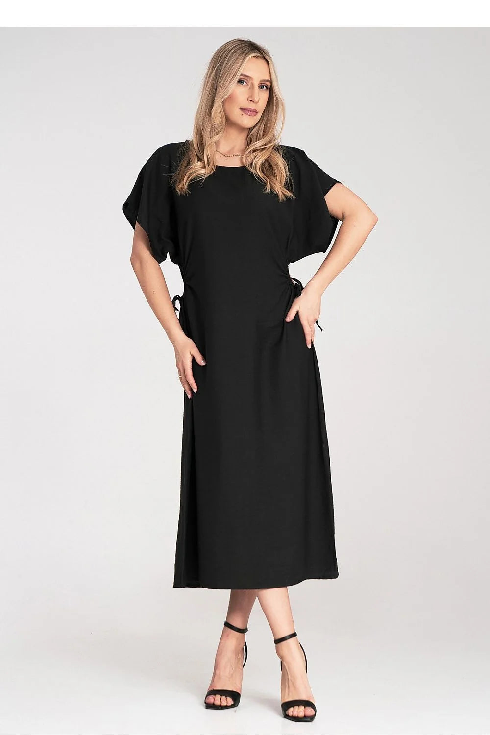 Robe de jour élégante midi manches courtes amples décolleté rond plis tunnels cordon ajustable viscose 100% femme