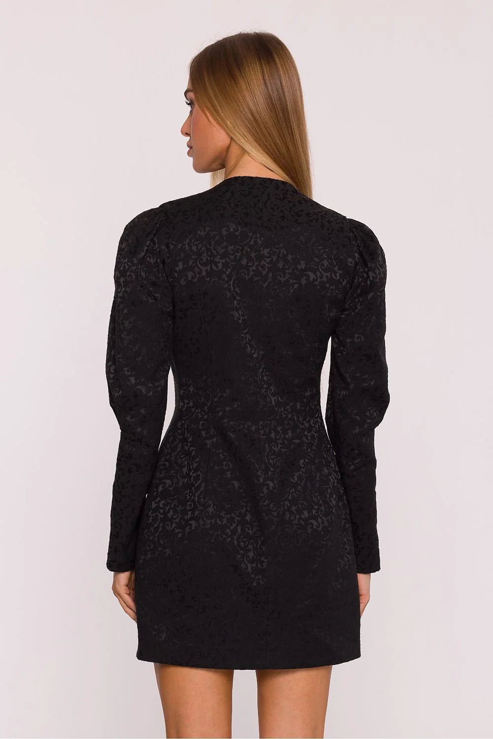 robe blazer courte noire jacquard damassé baroque texturée décolleté profond épaules bouffantes froncées poches rabats coupe ajustée mini