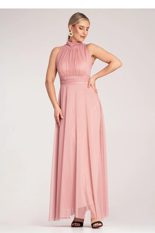 robe cocktail soirée longue sans manches rose poudré taille ajustée chiffon fluide doublée plissée col montant ceinturée évasée