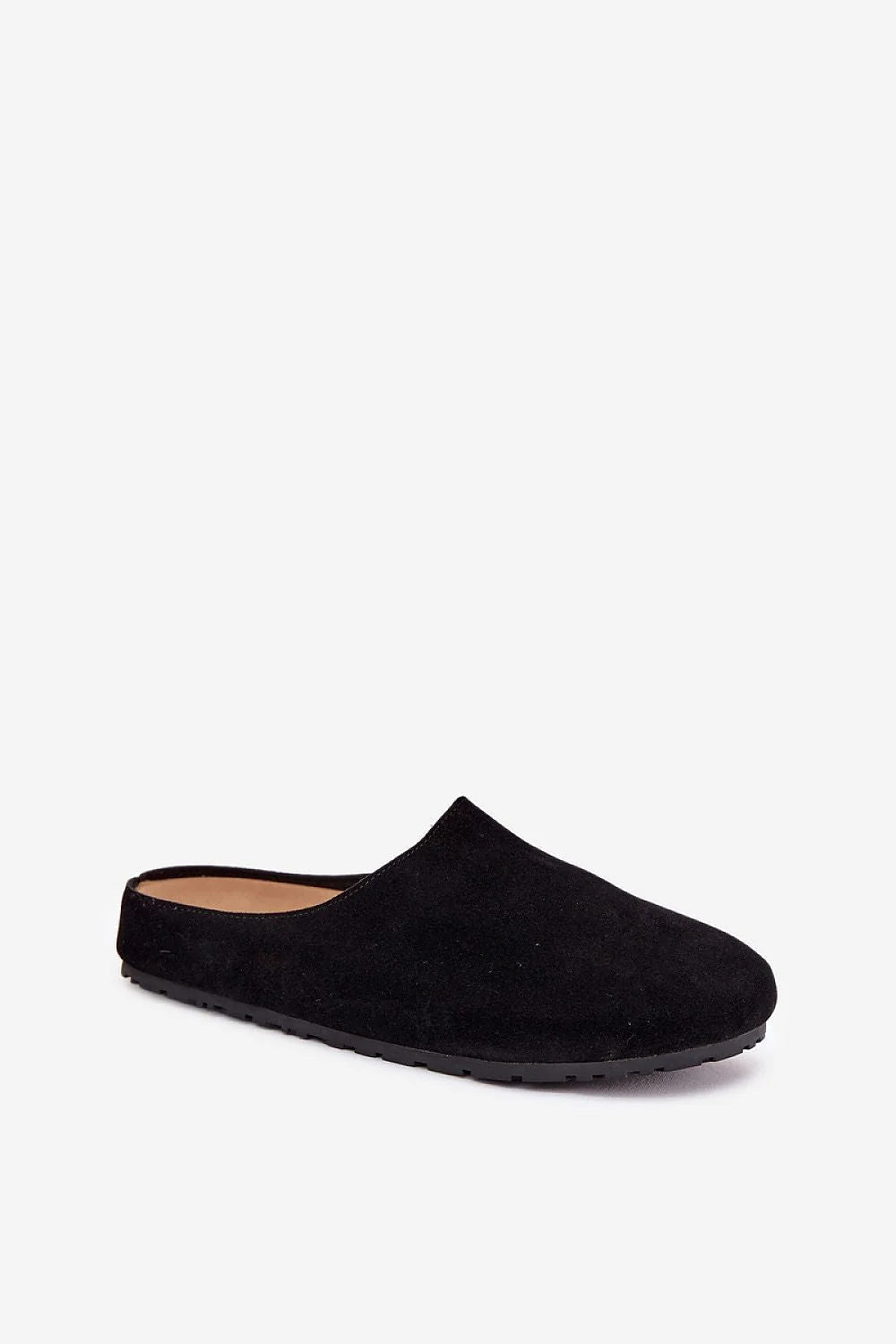 pantoufles femme suédine écologique noir slipon bout rond empeigne basse semelle crantée antidérapante épaisse isolation stabilité intérieure profilée confort minimaliste