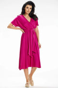 Robe de jour awama fuchsia midi A-line manches courtes wrap top ceinture intégrée femme élasthanne viscose
