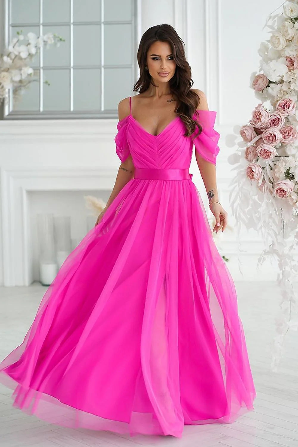 Robe longue élégante style espagnol manches en tulle fuchsia ceinture satin femme soirées occasions spéciales