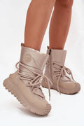 bottes neige femme Lee Cooper cuir textile matelassé beige nude plateforme crantée caoutchouc antidérapante fourrée zippée lacets épais rembourré maintien