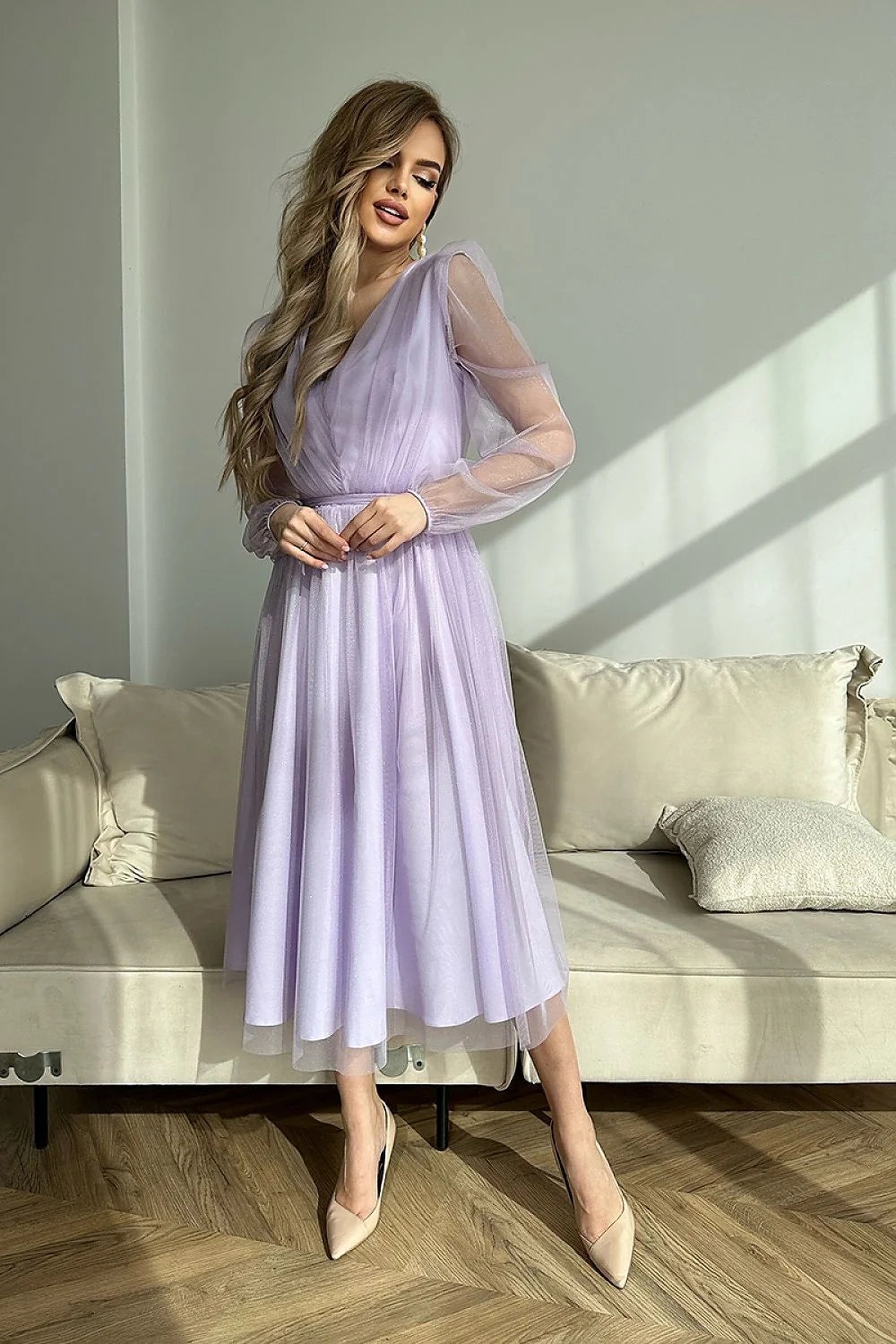 Robe de soirée élégante longueur midi manches longues transparence brocart vert émeraude femmes soirée formelle