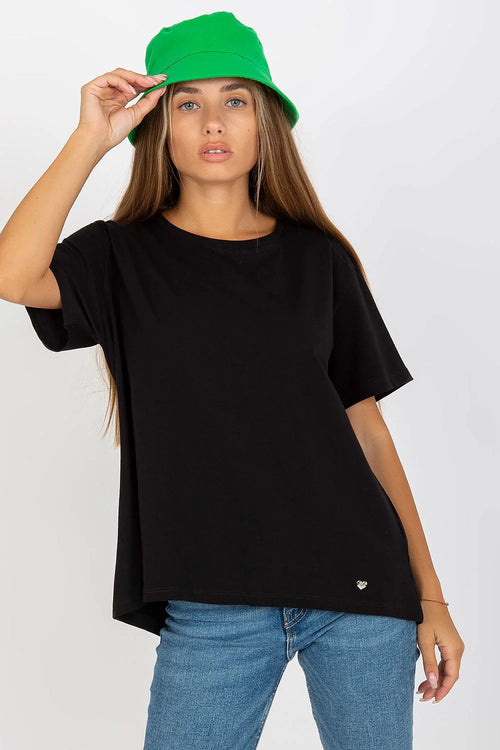 T-shirt noir coton élasthanne manches courtes encolure ronde coupe ample style casual chapeau vert vif femme